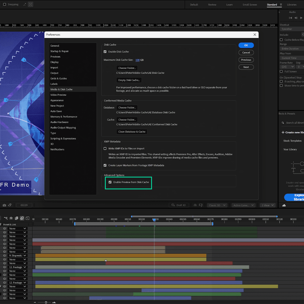 Enable Preview From Disk Cache Button in the Preferences Menu in After Effects Version 25.2